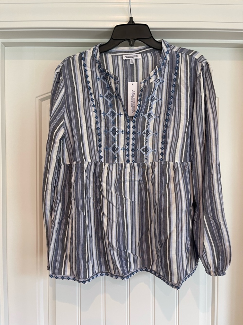 new directions Navy and White Striped Embroidered Peasant Tunic